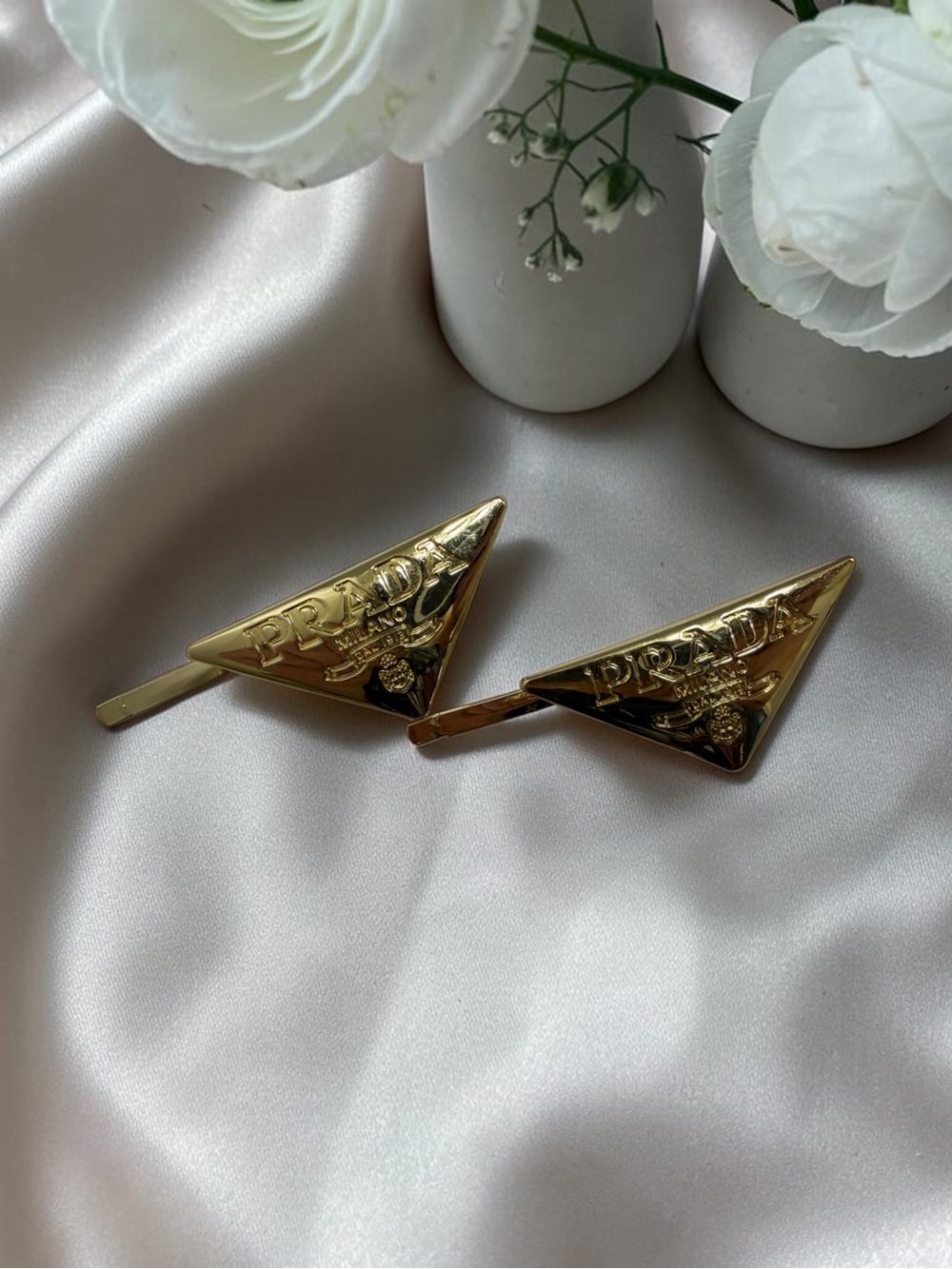 Prada Gold Triangle Logo Hair Barrettes 1 Pair